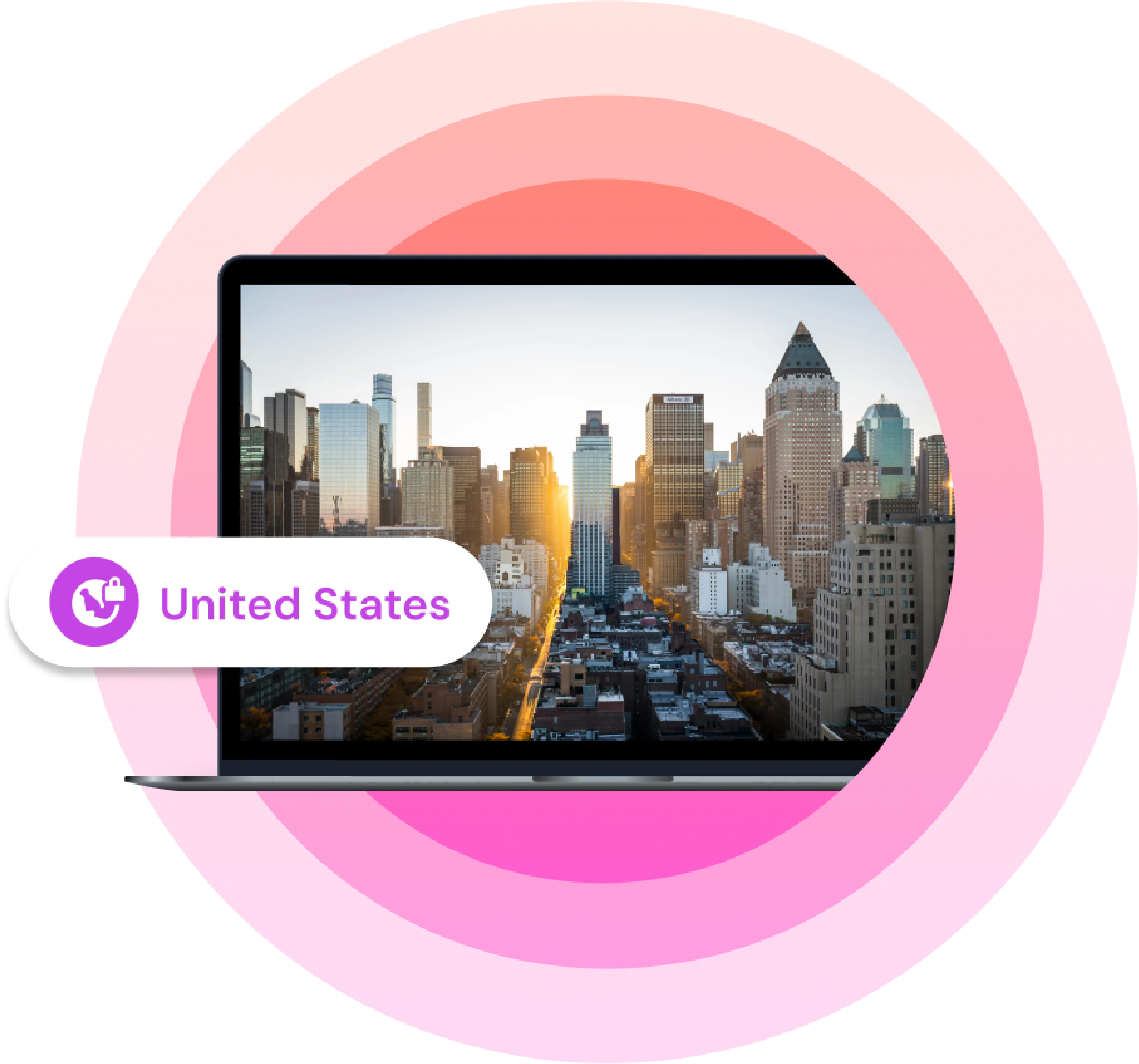Laptop with New York Skyline as a wallpaper showing a VPN connection to United States